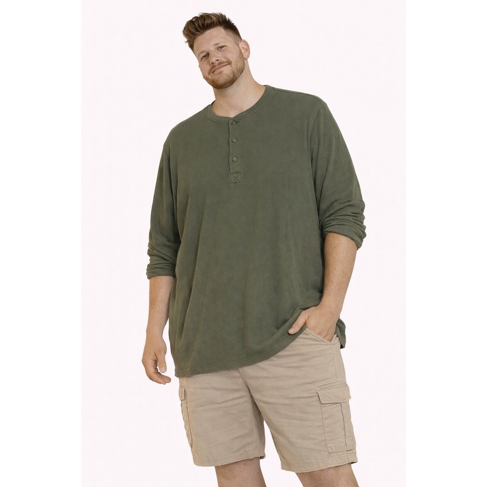 The Foundry Henley Shirt Mens 2XLT Olive Green Waffle Knit Long Sleeve Gorpcore